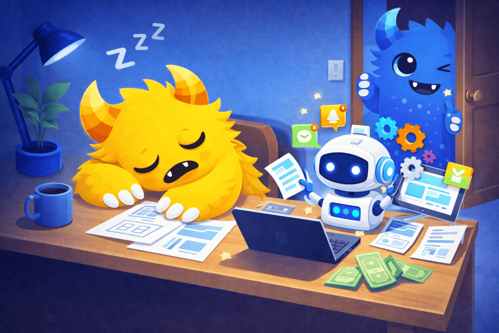 Client surchargé de travail aidé par Woni, mascotte de l’agence Wonster, grâce à l’automatisation et à la gestion de site WordPress