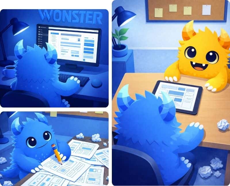 Illustration montrant la collaboration entre Woni, mascotte de l’agence Wonster, et un client lors de la création d’un site WordPress sur mesure