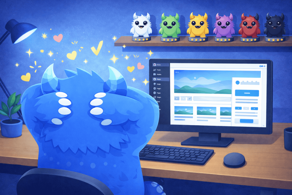 Woni, mascotte de l’agence Wonster, concevant un site WordPress professionnel sur mesure pour un client