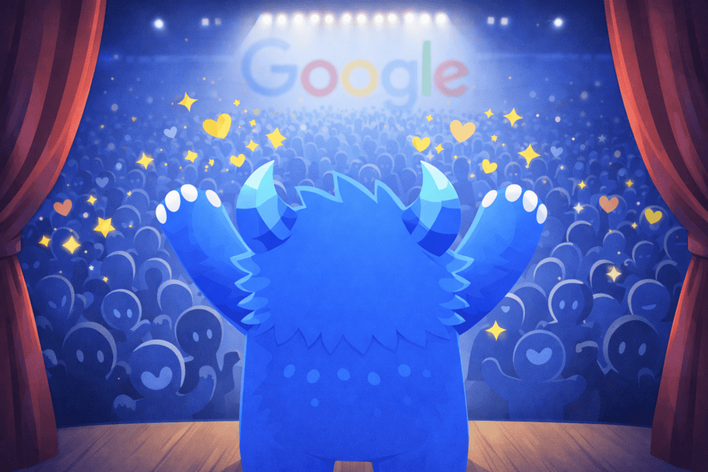 Woni, mascotte de l’agence Wonster, célébrant la visibilité et le référencement SEO sur Google pour un site WordPress