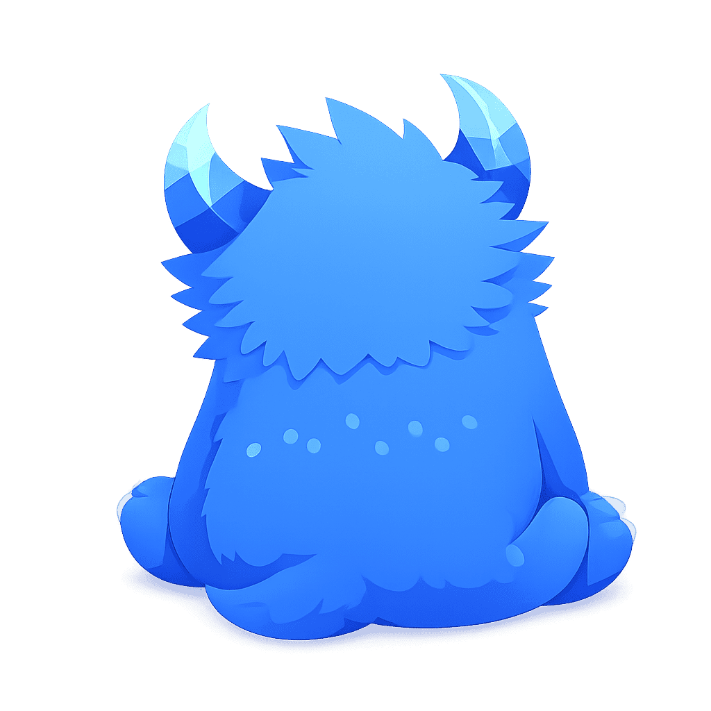 Woni, la mascotte bleue de l’agence digitale Wonster, vue de dos pour symboliser le travail technique sur les sites WordPress, le SEO et l’automatisation IA