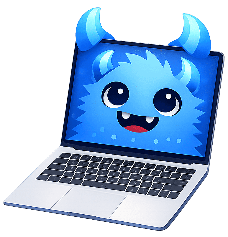 Woni, la mascotte bleue de l’agence digitale Wonster, travaillant sur un ordinateur pour créer des sites WordPress optimisés pour le SEO et l’automatisation IA